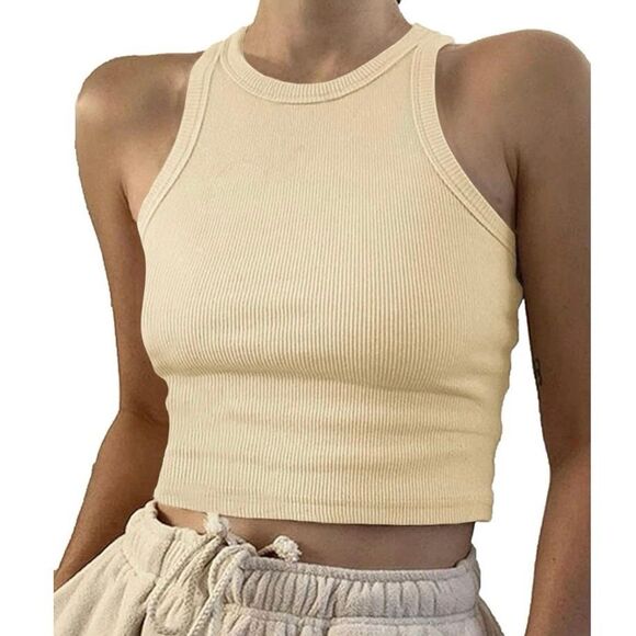 Women’s Tan Racerback Crop Tank Top - Picture 1 of 7